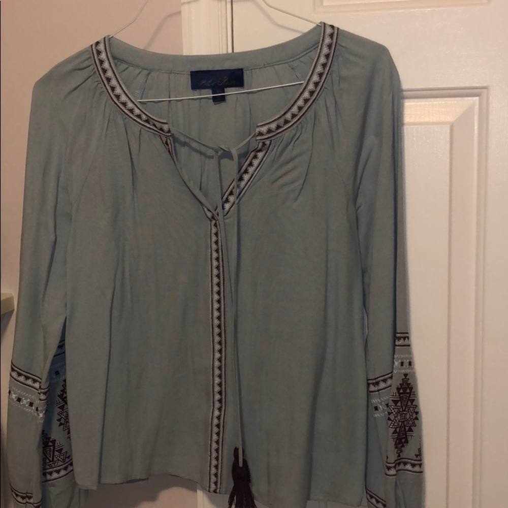 blue with red and white embroidered top